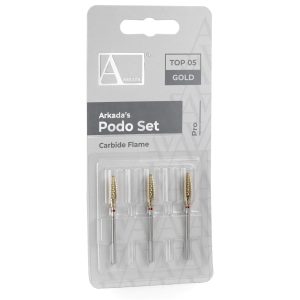 Podo Set „Top 05“ Gold (Hartmetallfräser – Flammenform, 3 Stück / Packung)